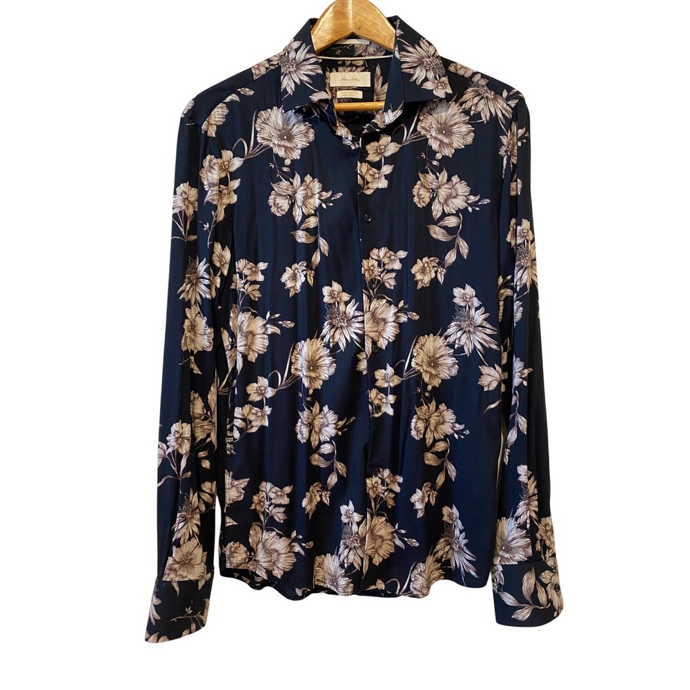 Porter & Ash Mens Button Down Shirt Size M Black & Beige Floral 4-Way Stretch